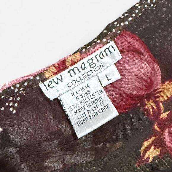 VTG 90s Lew Magram Dark Brown Sheer Mesh & Pink Floral Polka Dot Wrap Top - Picture 8 of 8